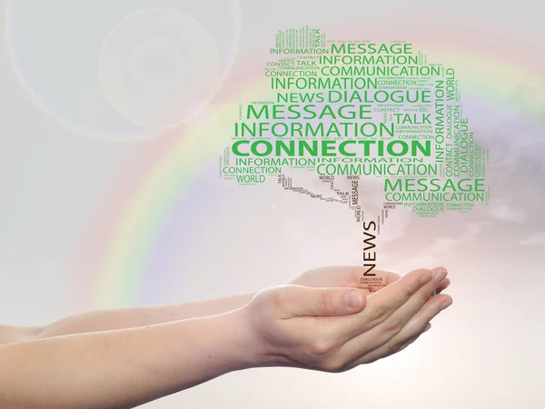 Tree word cloud in man or woman hand — Stock Photo, Image