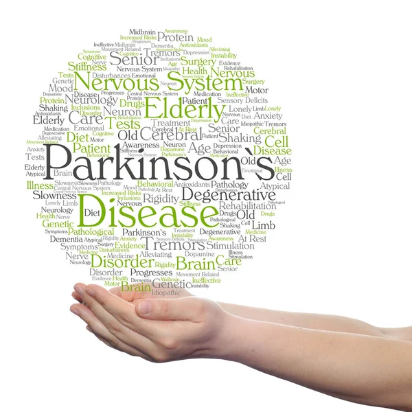 Parkinsons palabra nube en las manos — Foto de Stock