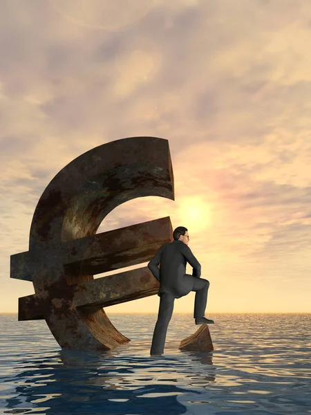 Valuta euro simbolo affondamento in mare — Foto Stock