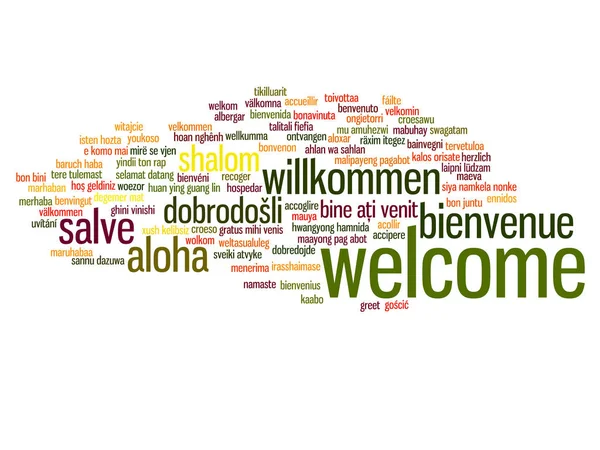 Üdvözöljük vagy üdvözlés nemzetközi szó felhő — Stock Fotó
