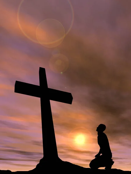 Religious christian cross with sunset sky — Stock Photo, Image