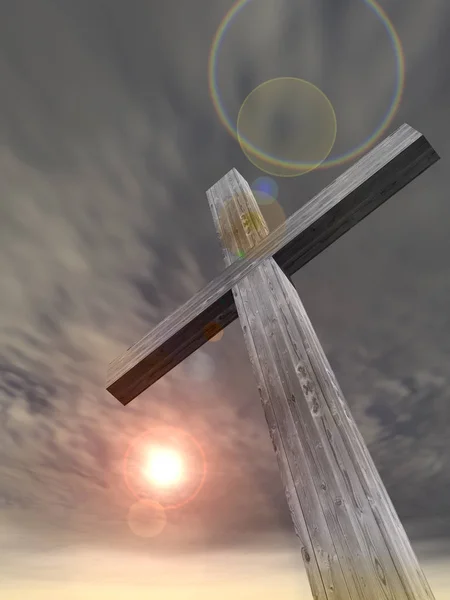 Vallásos keresztény kereszt napnyugtakor ég — Stock Fotó