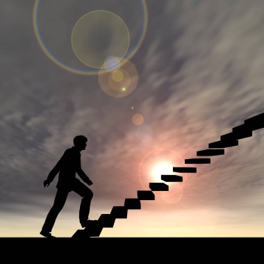 işadamı günbatımı gökyüzü arka plan üzerinde merdiven üzerinde