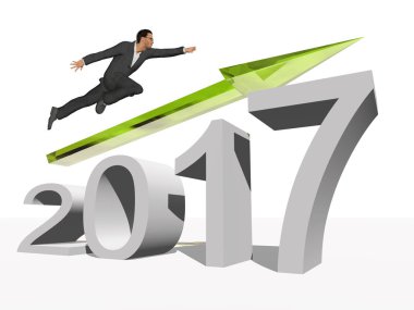 2017 yıl sembolü üzerinde uçan iş adamı