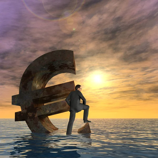 Valuta euro simbolo affondamento in mare — Foto Stock