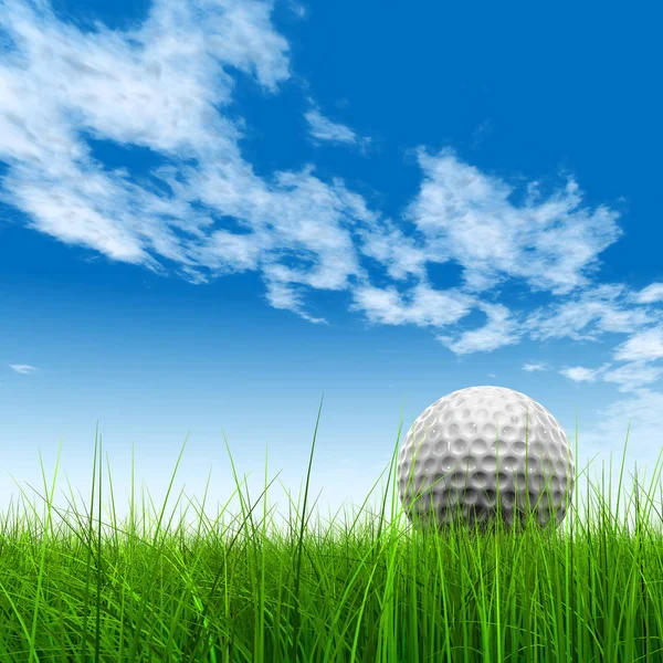 Kavramsal spor çim üzerinde golf topu ile gökyüzü arka plan — Stok fotoğraf