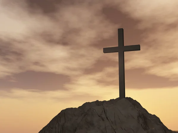 Cruz cristã religiosa com céu por do sol — Fotografia de Stock