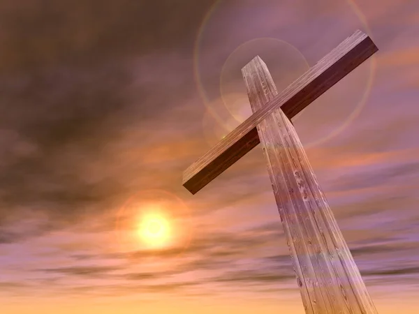 Vallásos keresztény kereszt napnyugtakor ég — Stock Fotó