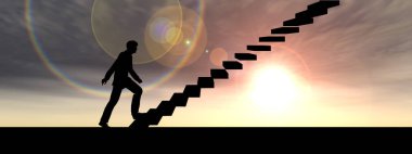 işadamı günbatımı gökyüzü arka plan üzerinde merdiven üzerinde