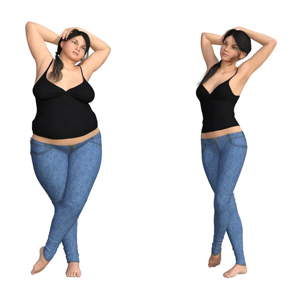Túlsúlyos, elhízott, nő vs karcsú nő — Stock Fotó