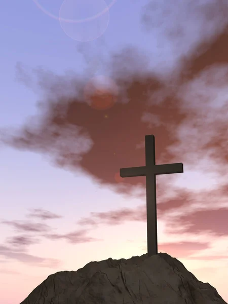 Religieuze christelijke kruis met avondrood — Stockfoto