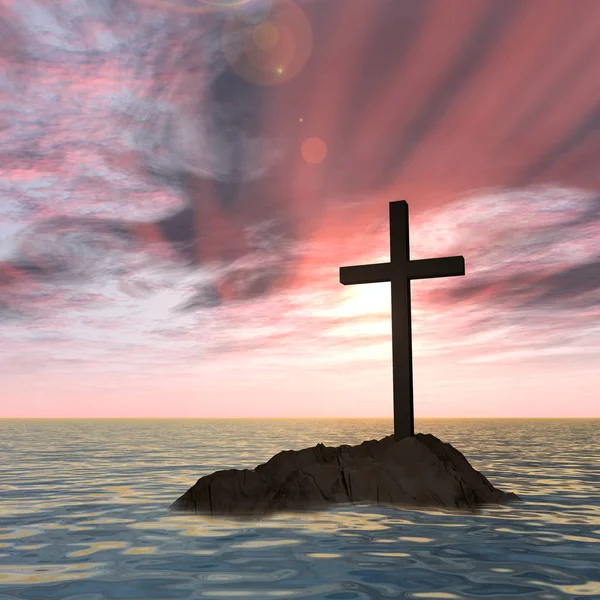 Croce cristiana religiosa con cielo al tramonto — Foto Stock