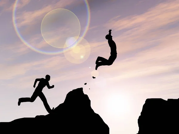 Men jumping over cliff — Stock Photo, Image