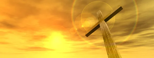 Cruce creștină religioasă cu cerul apusului — Fotografie, imagine de stoc