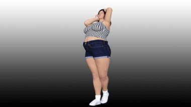 Kavramsal kilolu büyük, ağır ya da şişman kadın önce ve sonra diyet, fitness veya bir güzel ince uygun genç kız dönüm liposuction. 4 k video 3d render animasyon üzerinde gradyan arka planı gri