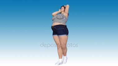 Kavramsal kilolu büyük, ağır ya da şişman kadın önce ve sonra diyet, fitness veya bir güzel ince uygun genç kız dönüm liposuction. Mavi degrade arka plan üzerinde 4 k video 3d render animasyon