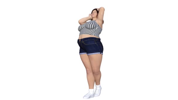 konzeptionell übergewichtige große, schwere oder dicke Frau vor und nach Diät, Fitness oder Fettabsaugung, die sich in ein schönes schlankes junges Mädchen verwandelt. eine 4k Video 3D Rendering Animation isoliert auf weißem Hintergrund