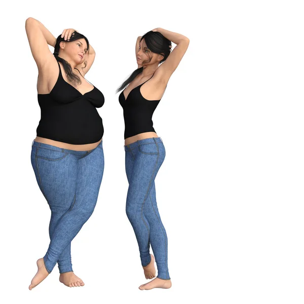 Fat overweight obese female vs slim fit healthy diet — Stock Photo, Image