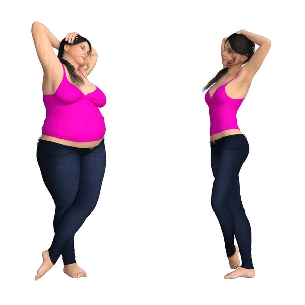 Túlsúlyos nő vs slim fit egészséges táplálkozás — Stock Fotó