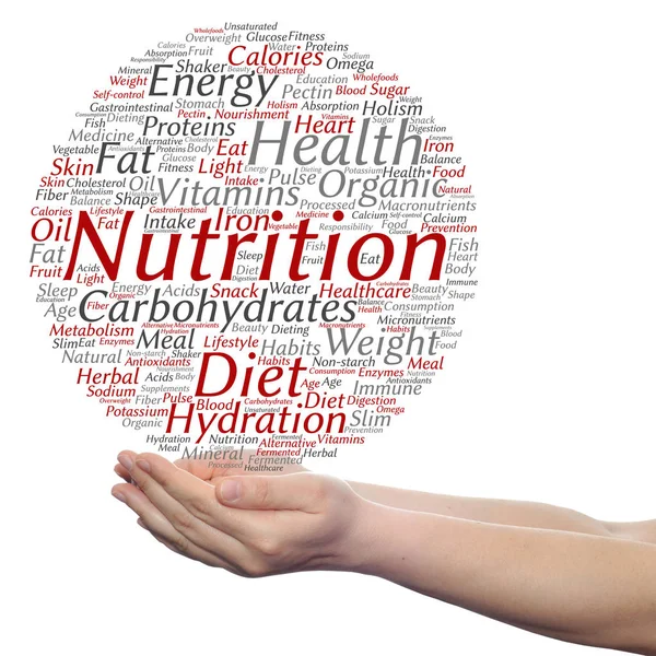 Nutrition health word cloud in hands — Stock Photo, Image