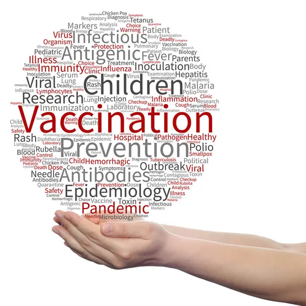 Vaccination word cloud i händer — Stockfoto