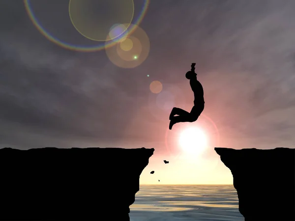 Mansilhouette jumping from cliff — Stock Photo, Image