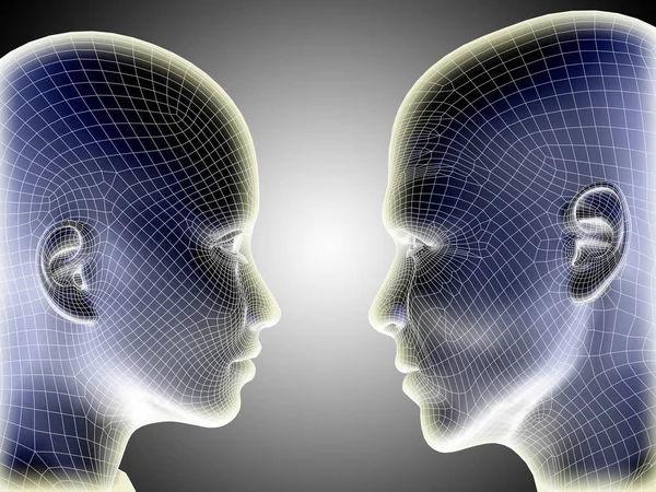 3D illustratie draadframe of gaas menselijke mannelijke en vrouwelijke hoofd — Stockfoto