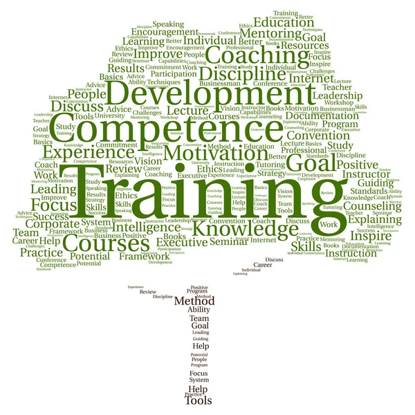 Szkolenia, coaching lub uczenia się, Drzewo Chmura słowa — Zdjęcie stockowe