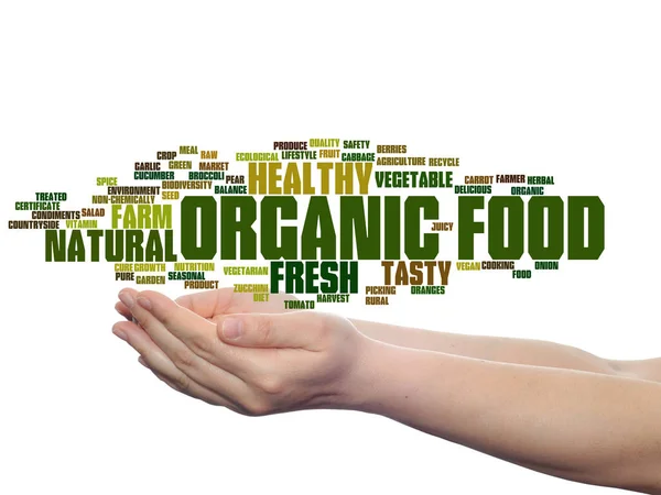 Organic word cloud in hands — Stock Photo, Image