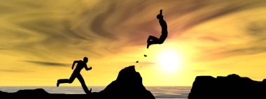 3D resimde genç adam ya da işadamı siluet atlama 