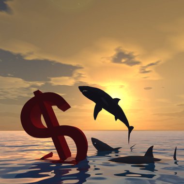 Köpekbalıkları ile denizde Doları sembolü