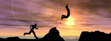 3D resimde genç adam ya da işadamı siluet atlama 