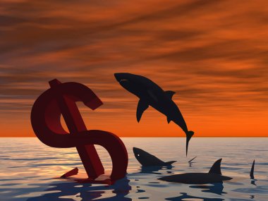 Köpekbalıkları ile denizde Doları sembolü