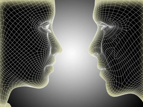 3D απεικόνιση wireframe ή πλέγμα ανθρώπινο αρσενικό και θηλυκό κεφάλι — Φωτογραφία Αρχείου
