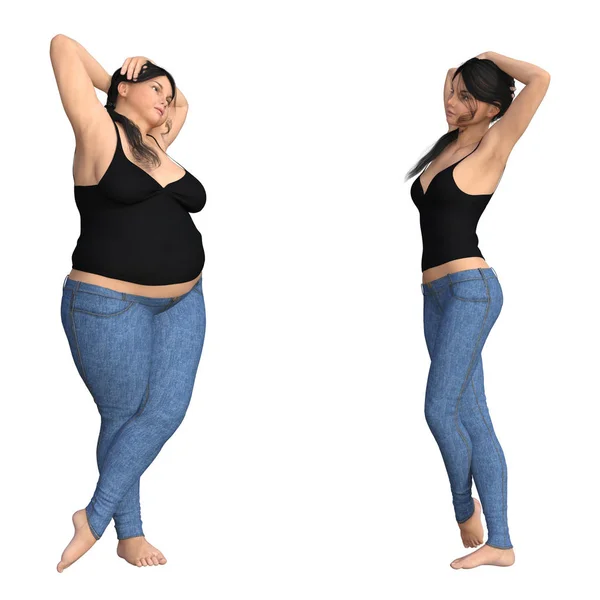Толстая толстая толстая женщина против стройного здорового питания — стоковое фото