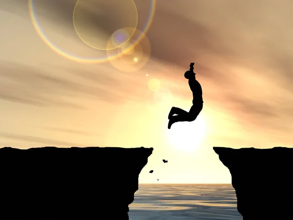 Mansilhouette jumping from cliff — Stock Photo, Image