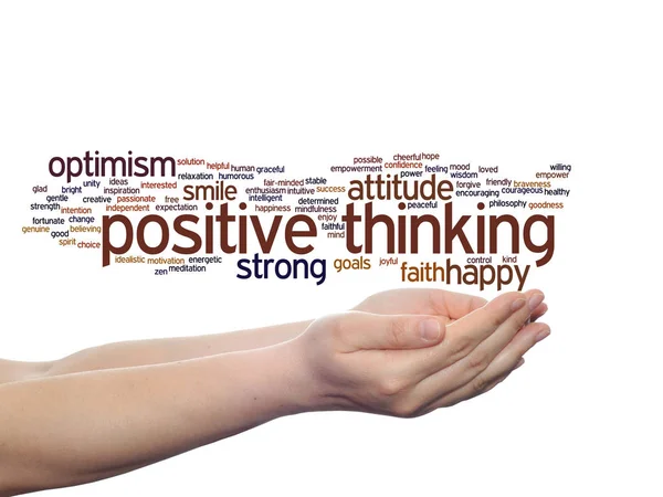 Positive thinking word cloud in hands — Stock Photo, Image