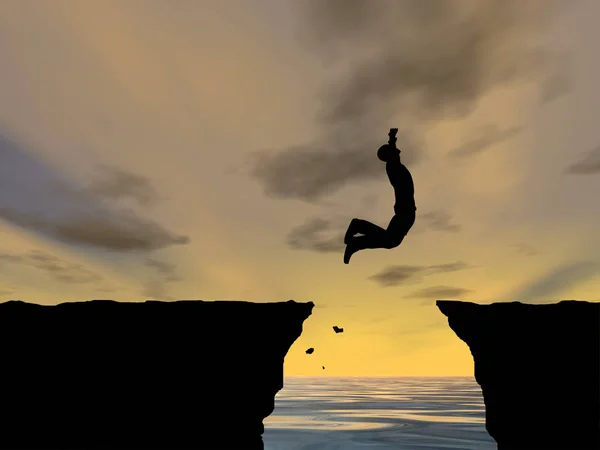 Mansilhouette springen van cliff — Stockfoto