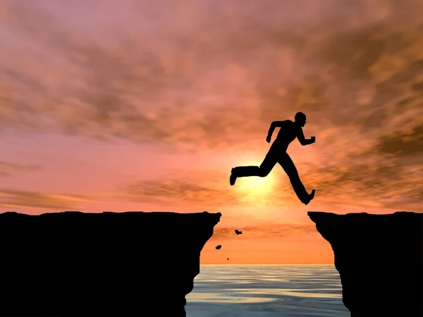 Mansilhouette jumping from cliff — Stock Photo, Image