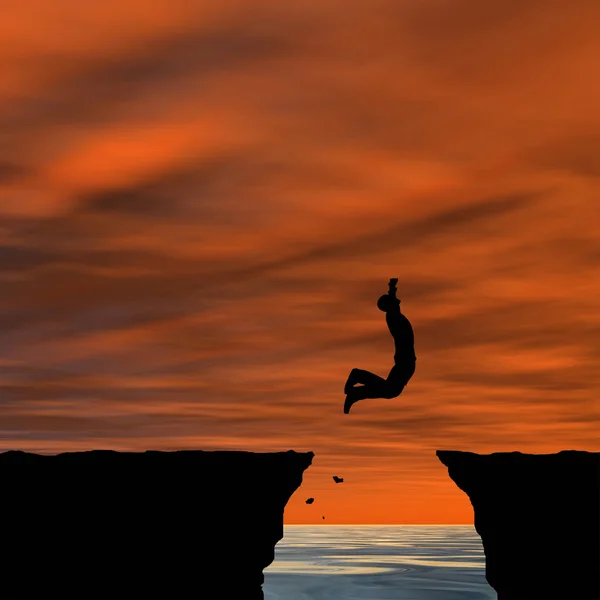 Mansilhouette jumping from cliff — Stock Photo, Image