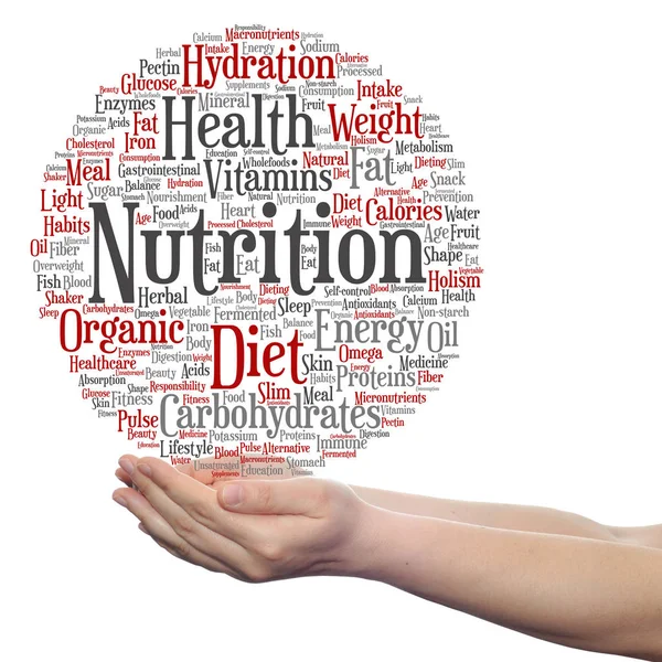 Nutrition health word cloud in hands — Stock Photo, Image