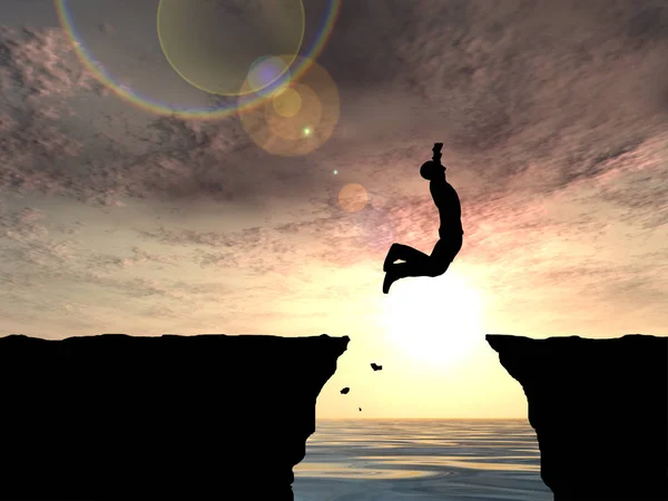 Silueta masculina saltando sobre la brecha del acantilado — Foto de Stock
