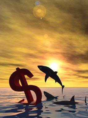 Deniz ve köpekbalıkları batan Doları sembolü