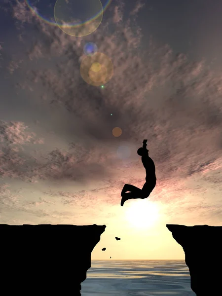 Male silhouette jumping over cliff gap — Stock Photo, Image