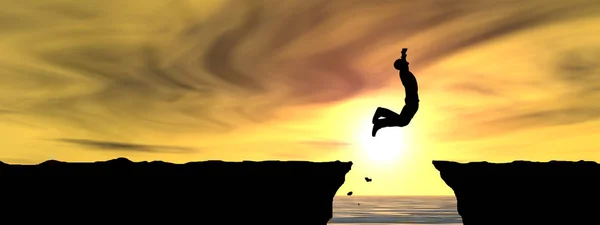 Silhouette masculine sautant par-dessus l'écart de falaise — Photo