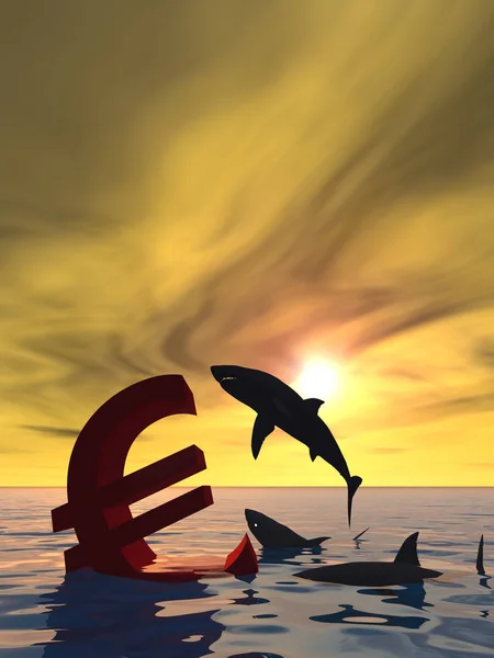 Eurosymbool zinken in de zee en haaien — Stockfoto