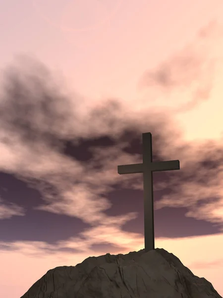 Символ релігійного хреста на фоні заходу сонця — стокове фото