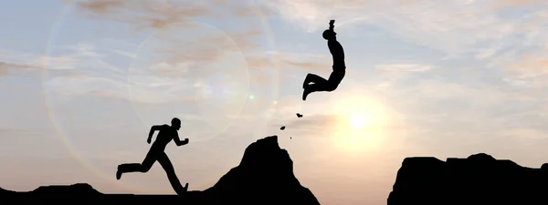 Male silhouettes jumping over cliff gap — Stock Photo, Image