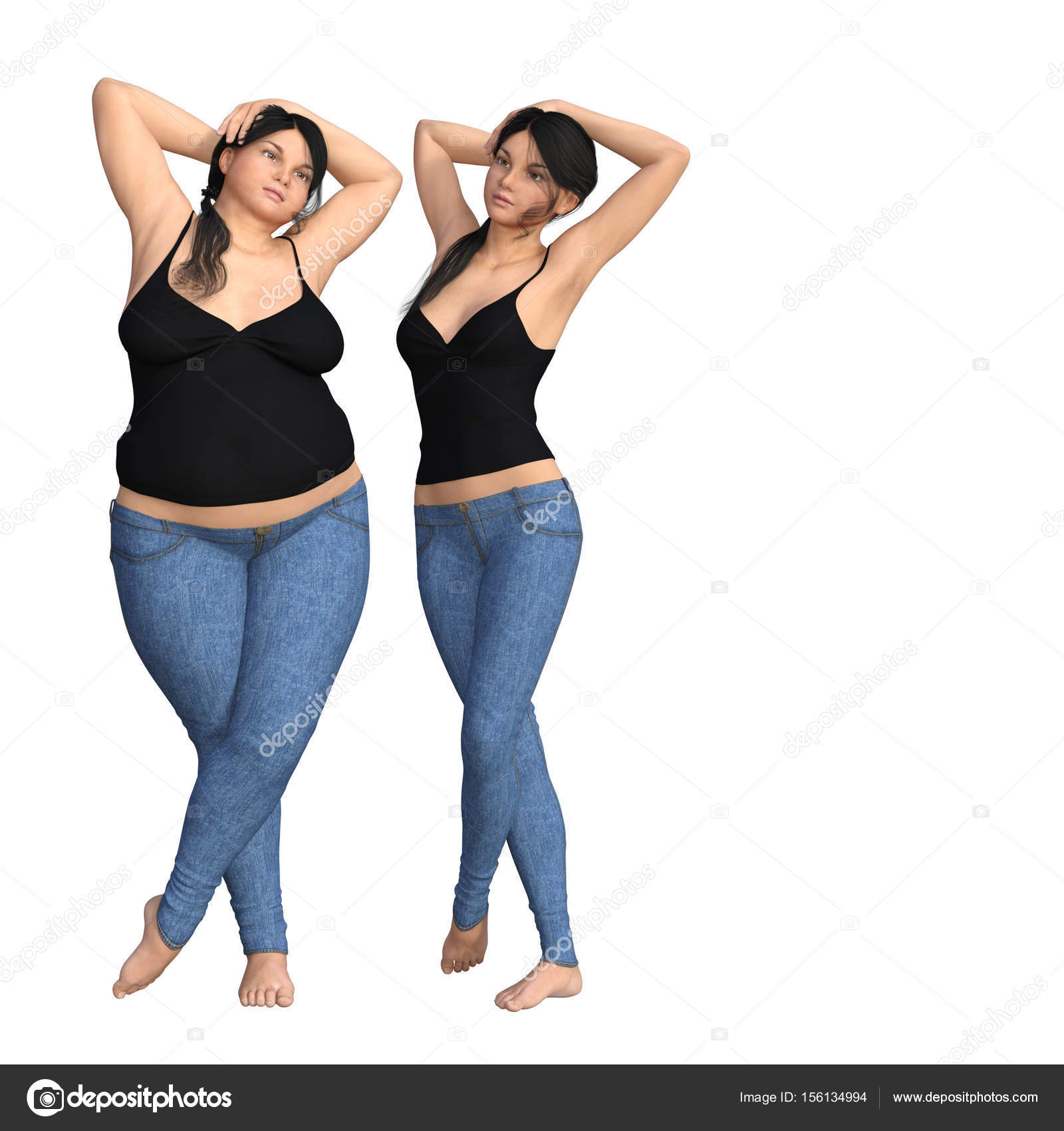 Ilustración 3D de la mujer gorda con sobrepeso vs mujer muscular en forma d...