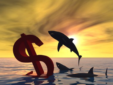 Deniz ve köpekbalıkları batan Doları sembolü